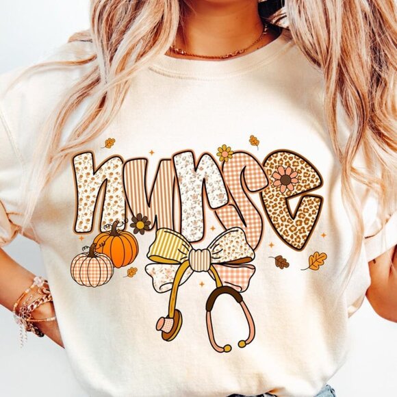 Tops - Nurse Gift, Fall Pumpkin Shirt, Autumn Bow T-shirt